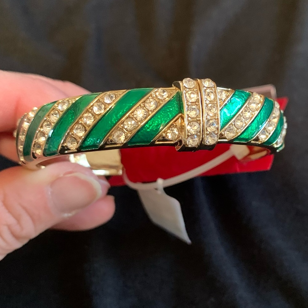 Brand new with Tags Green Lacquer and Rhinestone Gold Tone Bracelet